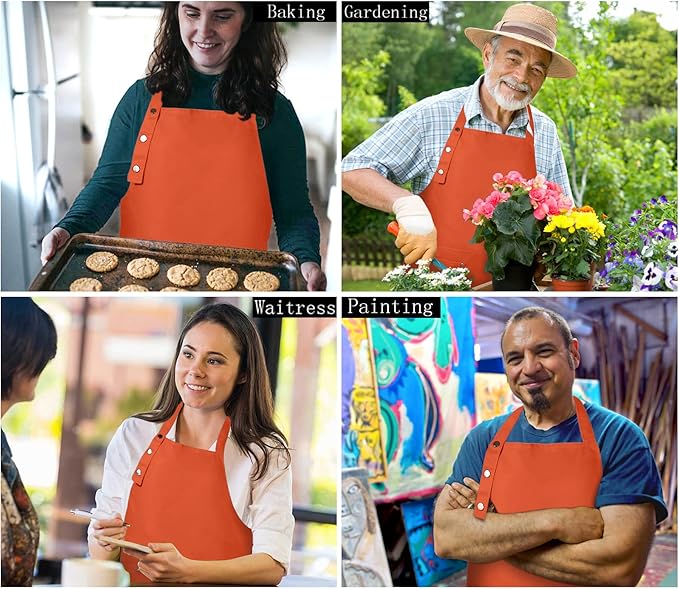 Adjustable Button Apron for Women Men Artist Painting Pottery Garden Cooking Kitchen Chef 3 Pockets Waterproof M-XXL
