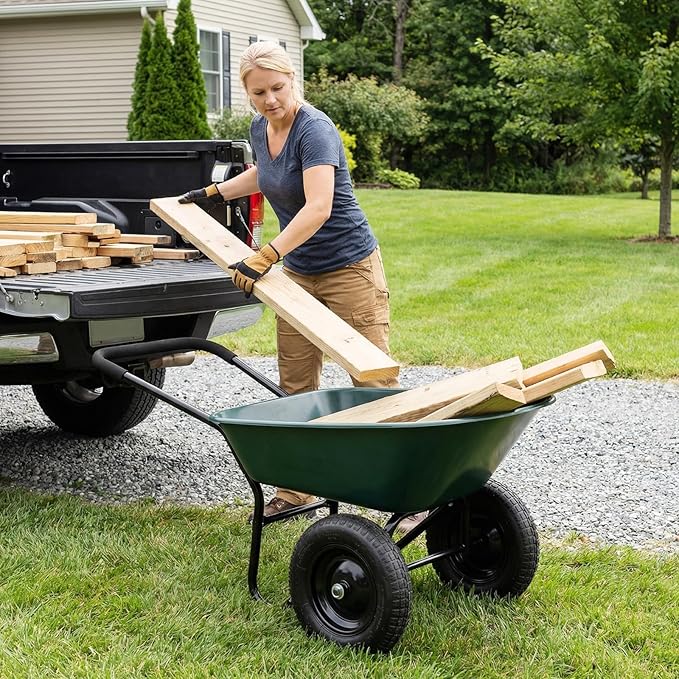 IRONMAX Dual-Wheel Wheelbarrow, Heavy Duty Wheel Barrel with All-Terrain Wheels, 330 LBS Utility Yard Cart with Built-in Stand, Outdoor Gardening Carts for Lawn, Farm, Planting (Dark Green)