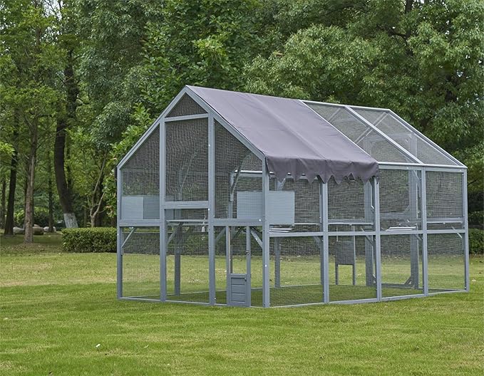 KEIKI 110"L Outdoor Large Chicken Coop with Waterproof Cover, Roosting Platform, Wire Mesh & 2 Lift Small Doors with Locks, Wood Chicken Coop House with Run for Cat Kitten Playpen, Duck, Rabbit, Quail