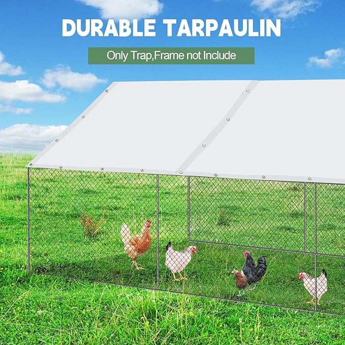 VitalCozy 2 Pcs Chicken Coop Cover Waterproof 6.3 x 3.9 ft Chicken Run Cover Coop Tarp Accessories for Winter with 50 Pcs Ball Bungees Cords for Outdoor (White)