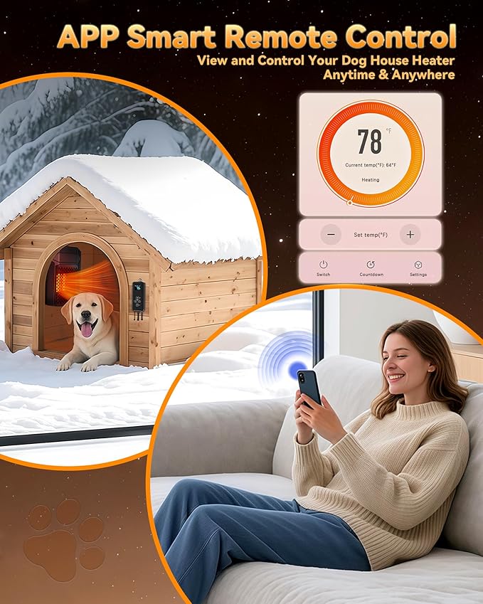 Dog House Heater with Thermostat & Smart APP WIFI Remote, 500W Fast Dog House Heaters Outdoor Doghouse, Chicken Coop, Pig Cat House, 41℉-113℉ Adjustable Temp & Timer, Pet Safe Space Electric Warmer