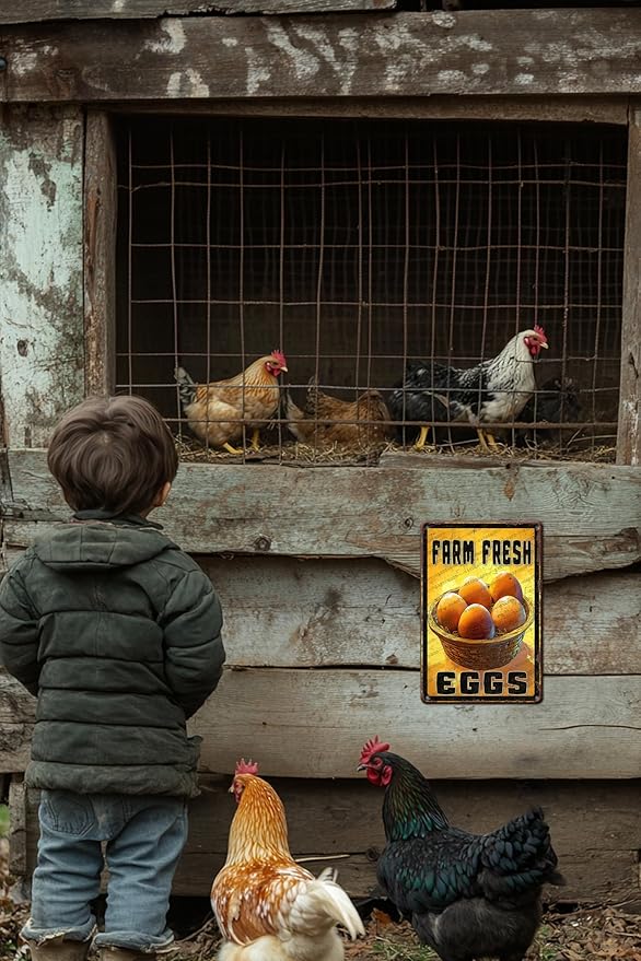 Vintage Farm Chicken Metal Sign Fresh Eggs Metal Poster Home Bathroom Kitchen Farmhouse Garden Coffee Retro Aluminium Sign Art Wall Decor Plaque 12x8 Inch