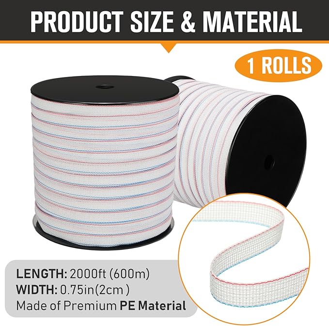 1 Roll 3/4 Inch x 2000 ft Electric Fence Tape for Livestock Polytape Fencing Horse Fence with High Visibility