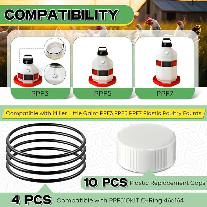 Poultry Fountain Renewal Waterer Parts, 10 Replacement Caps & 4 O Rings, Compatible with Miller PPF3/PPF5/PPF7 & Compatible with Farm-Tuff 3/5/7 Gallon Poultry Founts(White)