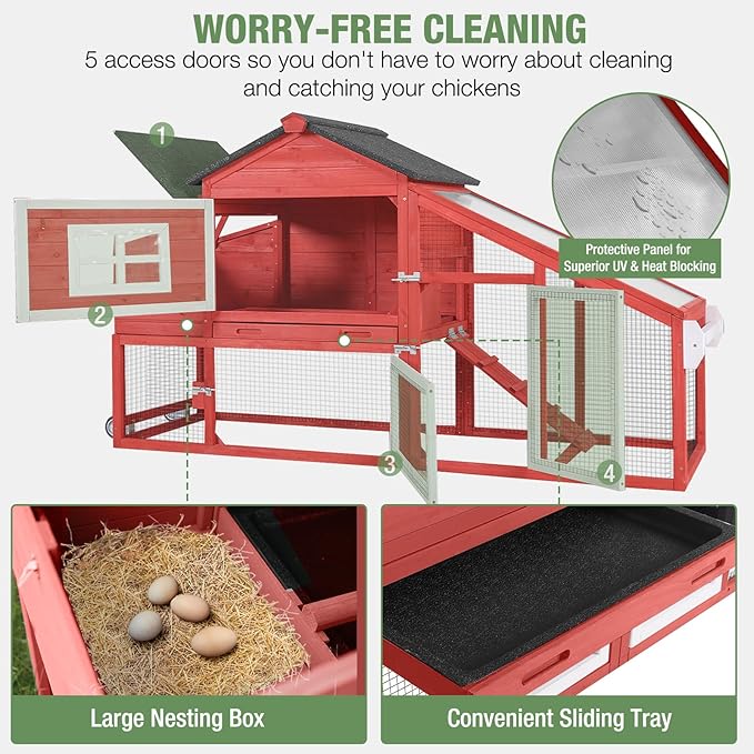 Mobile Chicken Coop with Run, Large Hen House Poultry Cage with Wheels, Nesting Box, Pull-Out Tray, Waterproof Roof, Red, 72.3" L x 26" W x 39.4" H, for 3-5 Chickens