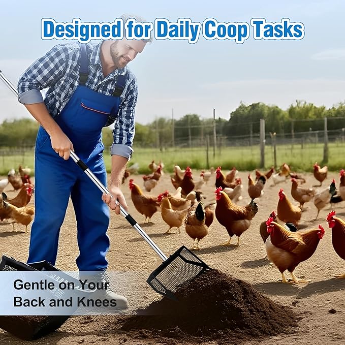 PETCHO Chicken Poop Scooper and Rake 2-in-1 – Heavy Duty Metal Manure Shovel with Adjustable Stainless Steel Handle– Coop Cleaning Tool for Poultry, Barn