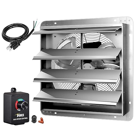 Simple Deluxe 18 Inch Wall Mounted Shutter Exhaust Fan with Speed Controller and Power Cord Kit, Aluminum, 1400 RPM, 2000 CFM, for Greenhouse, Attic, Garage, Louvered Vent, Plant, Silver