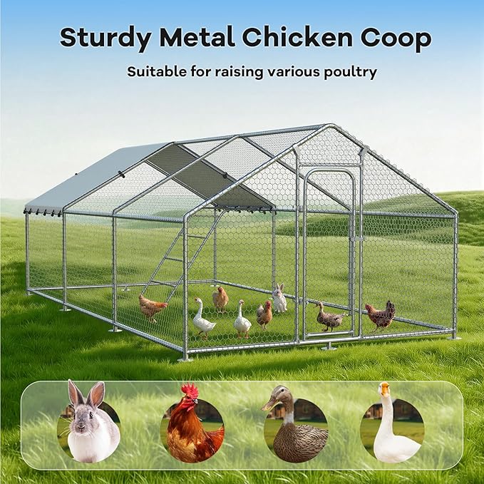 Large Metal Chicken Coop Walk-in Poultry Cage with Waterproof Roosting Perch and UV-Resistant Cover, Outdoor Chicken Run Poultry Hen House for Backyard Farm Use,Spire Roof(10’ W x 19.7’ L x 6.4’ H)