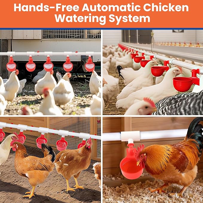 58 Pcs Automatic Chicken Waterer System with 8 Water Cups & 2 Garden Hose &1/2" PVC Pipe & Float Valve & Hose Connector Kit for Chicken coops,Geese,Ducks,Compatible with Water Tanks,1/2"&3/4" Hose