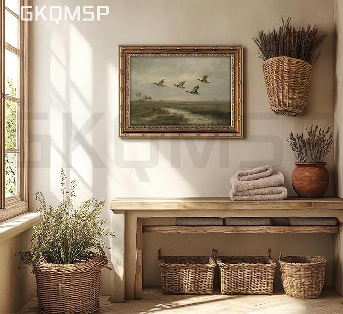 Vintage Gold Framed Flying Duck Wall Art Mallard Duck Canvas Wall Decor Rustic Mallard Poster Artwork Retro Rustic Farmhouse Animal Picture for Home Living Bedroom Farmhouse Hallway 9x11in