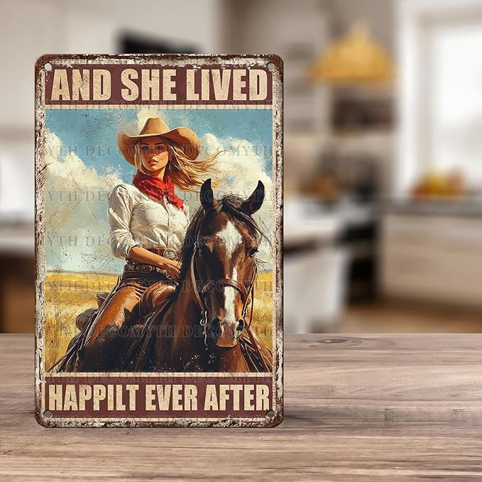 Vintage Wall Decor Cowgirl Art Nostalgic Tin Sign for Horse Lovers for Home Office Kitchen Bar Cafe Garden Wall Decor 12 * 8inch