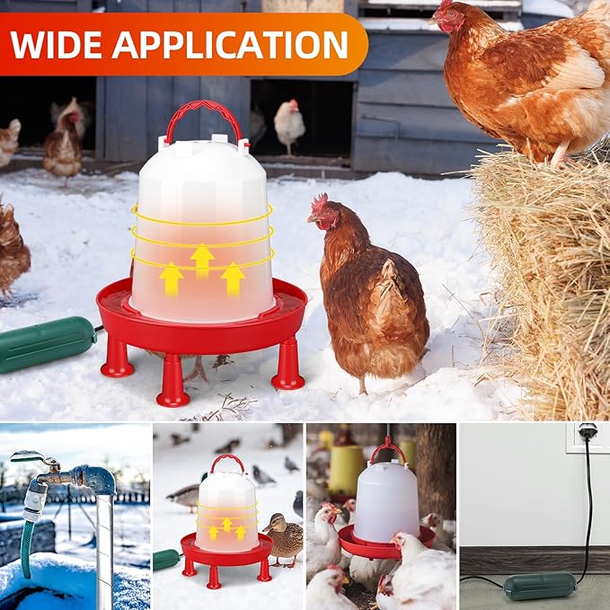 3 Pcs 0.8 Gallon 3l Heated Chicken Waterer Kit, Anti-Freeze Poultry Drinker for Spring Cold Nights with Outdoor Extension Cord Safety Cover, Insulation Tape, Waterer for Small Flocks