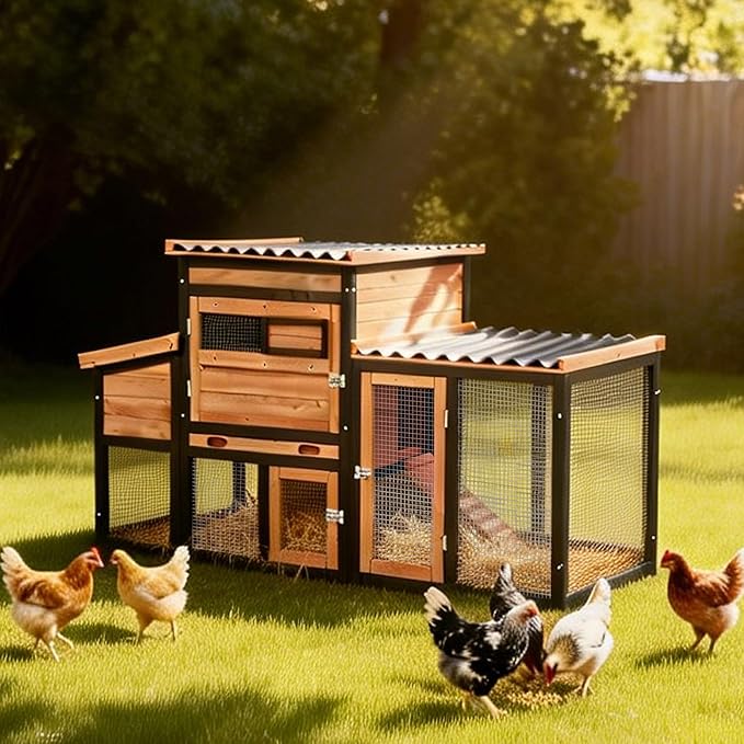 Wooden Chicken Coop with Outdoor Run, 4-Season Weatherproof Poultry Cage for Hens Ducks Rabbits, Large Walk-in Pet House with Nesting Box, Removable Tray & Secure Latch for Backyard Farm