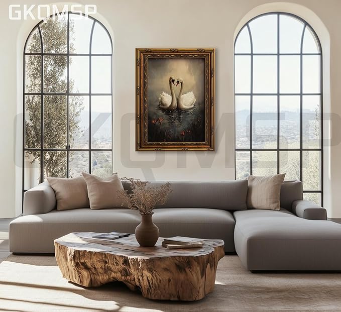 Vintage Gold Framed Wall Art Vintage Swan Canvas Wall Decor Retro Moody Swan Oil Painting Prints Farmhouse Antique Animal Picture Poster Artwork for Home decor Living Room Bedroom Hallway 9x11in