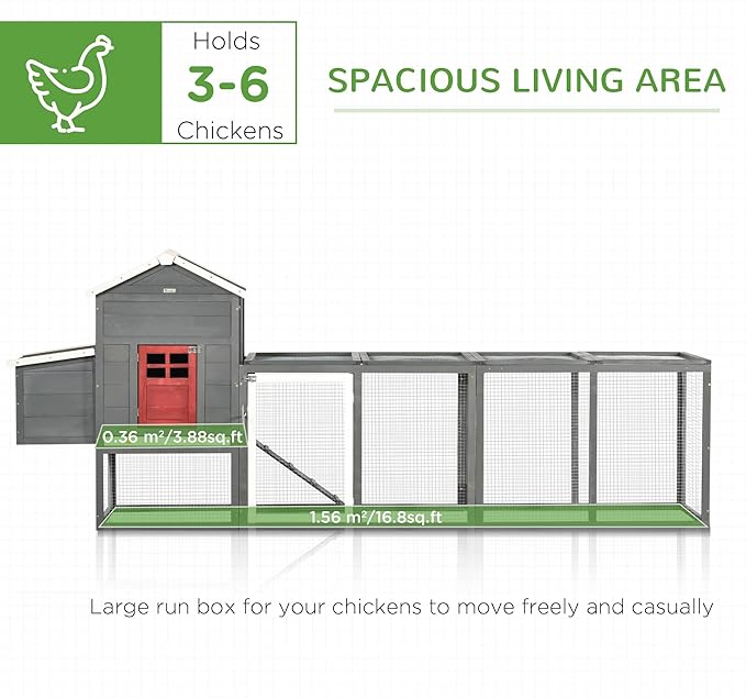 PawHut 118" Extra Large Chicken Coop with Asphalt Roof, Wooden Hen Run with Slide-Out Tray and Nesting Box, Chicken Hutch for 3-6 Chickens, Gray