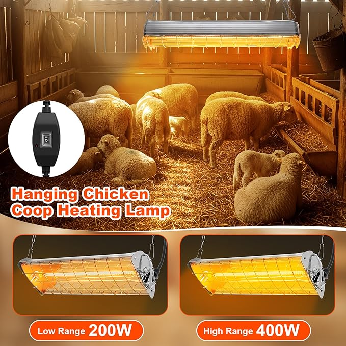 2 Pcs 400w Chicken Coop Heater Lamp and Black Silicone Water Heated Base Pad Carbon Fiber Chicken Coop Heater for Winter Chicks Brooder Heat Plates Adjustable Hanging Height for Livestock