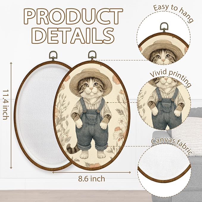 WULQYING Vintage Overall Cat Wall Art Decor, Whimsical Cottagecore Animal Oval Framed Canvas Art Prints, Rustic Floral Farmhouse Wall Hanging Decor for Home Nursery Living Bedroom, 8.6x11.4 Inches