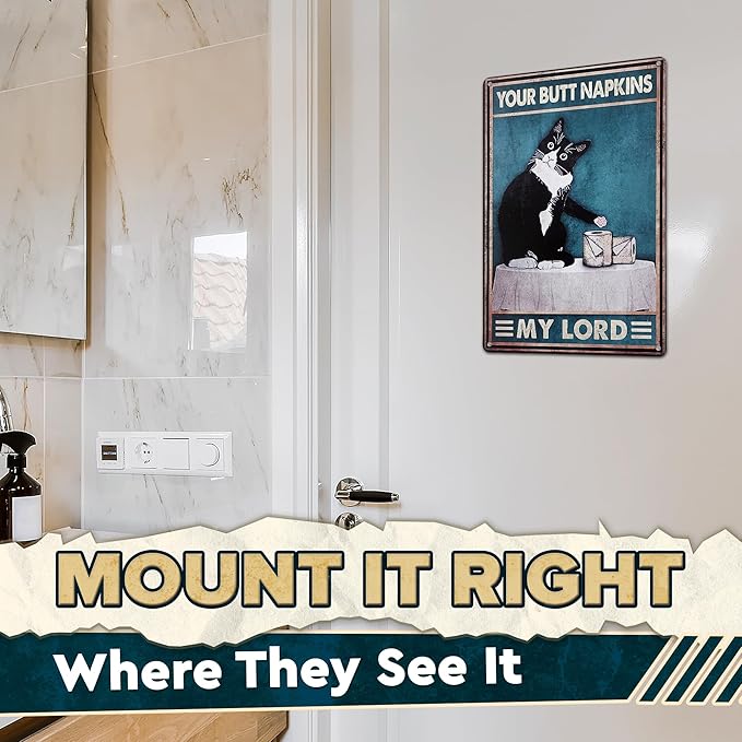 Funny Cat Bathroom Sign – “Your Napkin My Lord” 12 x 8 inch Tin Sign, Rustic Black Cat Wall Decor for Home, Farmhouse Bathroom Metal Plaque, Vintage Cat Wall Art for Toilet or Guest Bath