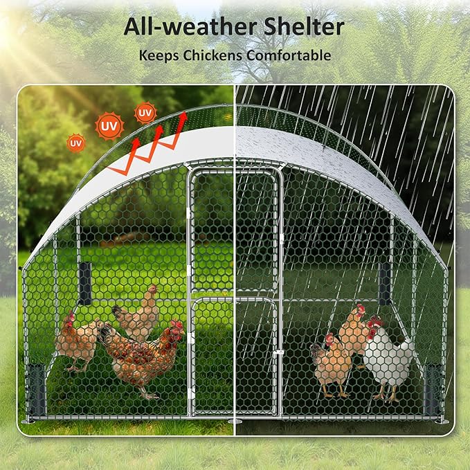 Large Metal Chicken Coop, Walk-in Chicken Run with Feeding Door, Security Lock and Cover, Outdoor Duck/Rabbit Cage Poultry Pen for Backyard, Farm, Yard (Silver - Dome Roof, 13.1 x 9.8 x 6.6 FT)