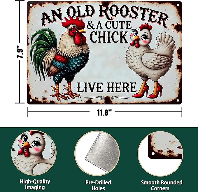 Vintage Chicken Coop Metal Signs - An Old Rooster & A Cute Chick Live Here Chicken Tin Sign, Funny Metal Signs Accessories Outdoor Home Wall Decor 8x12 inch