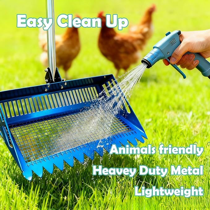 Chicken Poop Scooper & Rake 2-in-1 2026 New Blue Stainless Steel 15" Extra Large Sifting Shovel, 24"-68" Adjustable Handle with Sawtooth, 0.25" Leak-Proof Squares for Chicken Coop & Pet/Horse Manure ﻿