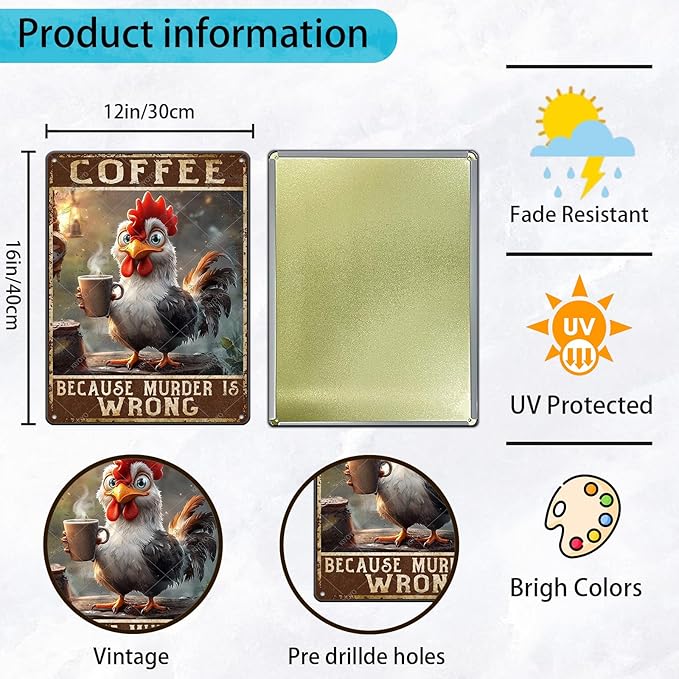 Chicken Coffee Because Murder Is Wrong Vintage Metal Tin Sign Rustic Farmhouse Wall Decor for Kitchen Cafe Barn Country Home Retro Iron Art Plaque 16x12 Inch