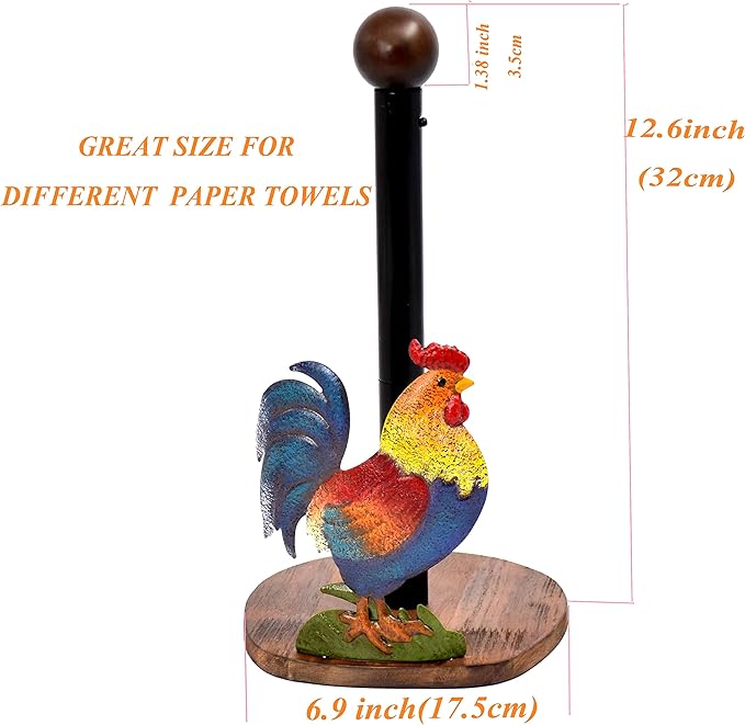 Rooster Paper Towel Holder Rooster Kitchen Decor Chicken Decor for Kitchen Roosters Farmhouse Paper Towel Holder Countertop Rustic Wood Base Paper Towel Stand