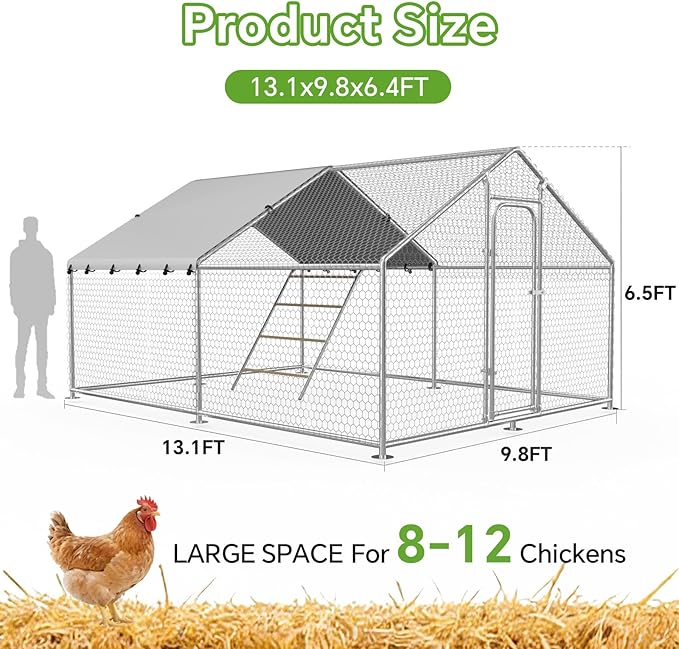 Large Metal Chicken Coop with Roosting Perch, Waterproof and UV-Resistant Cover, Outdoor Walk-in Cage Hen House for Yard Farm Rabbit Duck Chicken Run Spire Roof (10’ W x 13.2’ L x 6.4’ H)