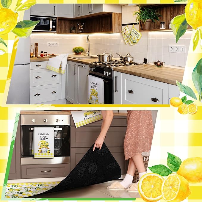 10 Pcs Lemon Kitchen Dish Towels Rugs Oven Mitts and Pot Holders Set Farmhouse Kitchen Decor Set for Women Mom Daughter Gift Cooking Baking Grilling (Fresh Yellow)