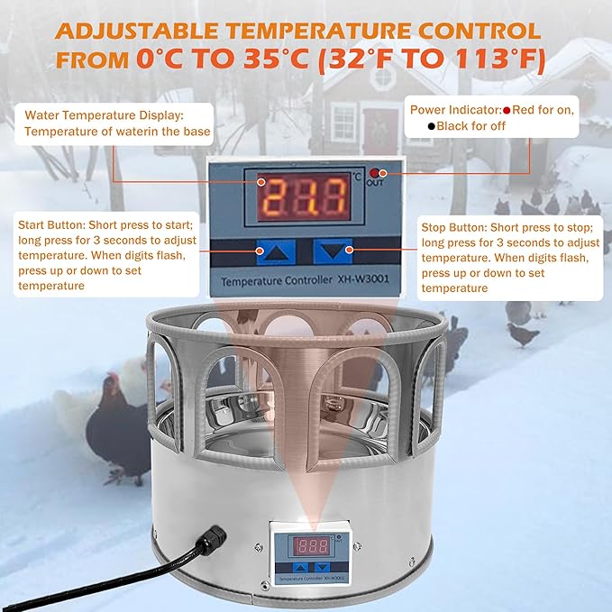 5 Gallon Heated Chicken Waterer Poultry Water Heater for Winter Stainless Steel Adjustable Temperature 8 Drinking Ports Heated Water Bowl for Chickens Ducks Geese Pigeons
