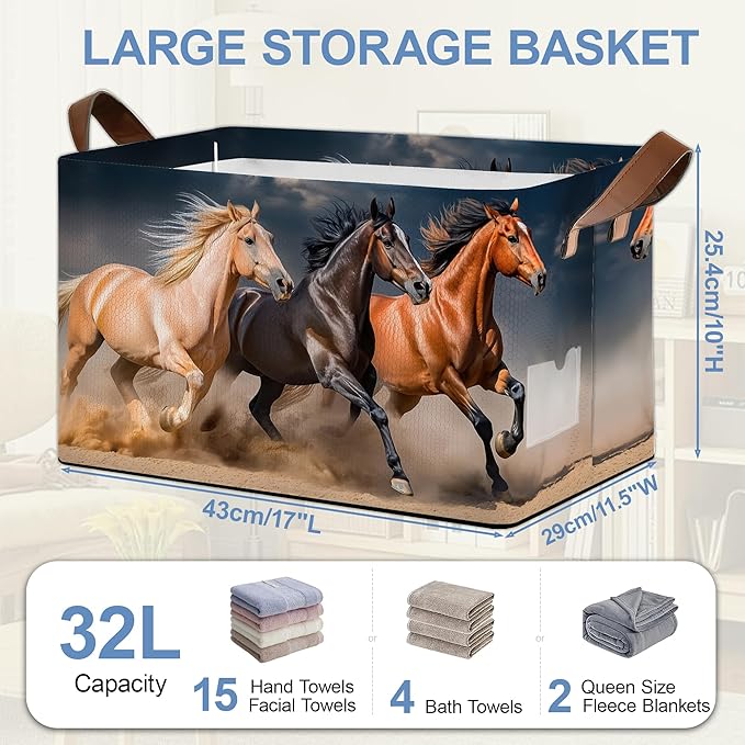 Running Horse Storage Basket with Handles,Collapsible Rectangle Organizer Bin for Room Decoration Books Box Baskets 17x11.5x10Inch