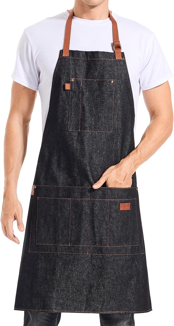 Denim Apron with Pockets Tall Bib Apron Large with Long Ties Adjustable - Gifts for Men Women