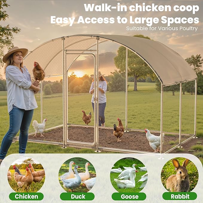 Large Metal Chicken Run, Chicken Coop with Lockable Door Round Shape Walk-in Chicken Hen House with Waterproof & Anti-UV Cover for Duck Rabbit Habitat Cage Outdoor Poultry Cage for Yard Farm