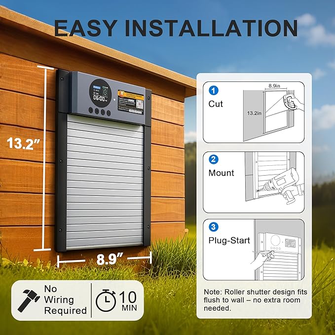 Automatic Chicken Coop Door – Solar Powered Auto Chicken Door with Light Sensor, Timer & Manual Control, 2500 mAh Battery +USB-C Backup, Aluminum,Waterproof, Anti-Pinch Safety, Fits Most Poultry Coops