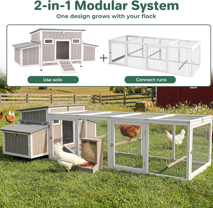 PetsCosset 106" Chicken Coop with Run, Large Chicken Tractor Outdoor Hen House for 2-6 Chickens with 4 Nesting Boxes, 4 Roosting Bars, Openable Roof, Fun Swing Pull-Out Tray for Farm Yard