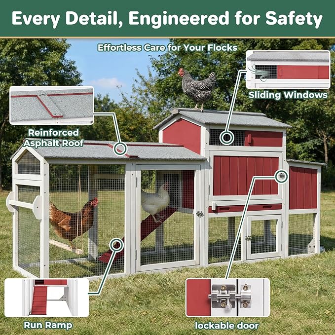 Chicken Coop with Run, Mobile Chicken Tractor Hen House Weatherproof with Wheels, Nesting Box, Roosting Bars, Pull-Out Tray, Asphalt Waterproof Roof & Fun Swing for Chickens Quails Small Animals