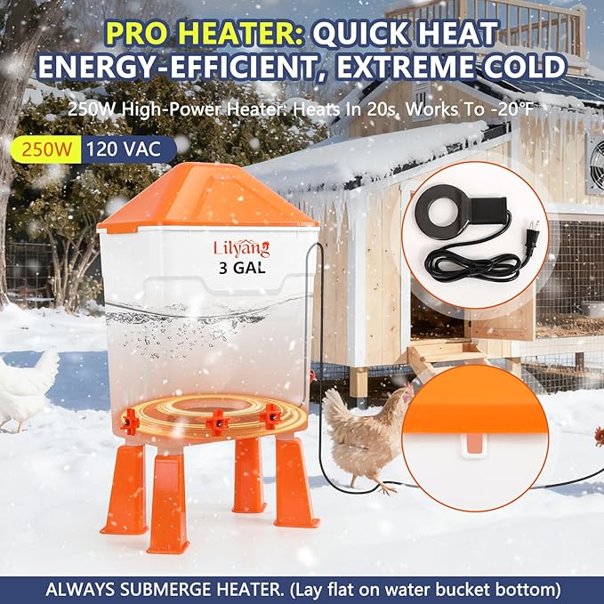 Lilyang Heated Chicken Waterer 3 Gallon, 250W Chicken Water Heater with Thermostat Control, Freeze-Proof Poultry Drinker for Winter, Hanging/Standing Use