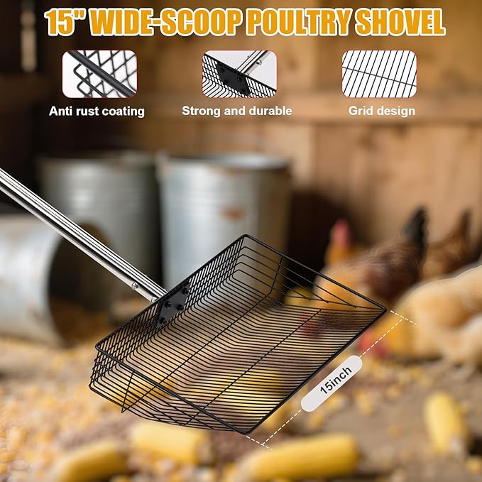 Chicken Poop Scooper & Rake 2-in-1, 15"-Large Thickened Chicken Poop Scooper, Litter Scooper Sand Sifting Shovel for Chicken Poop & Pet Waste Cleaning