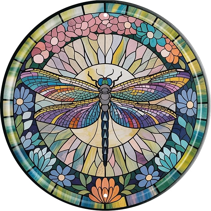 CSWLJS Funny Vintage Round Metal Tin Sign Garden Dragonfly 8 × 8 in Wall Decor for Kitchen Living Room Cottage Gift