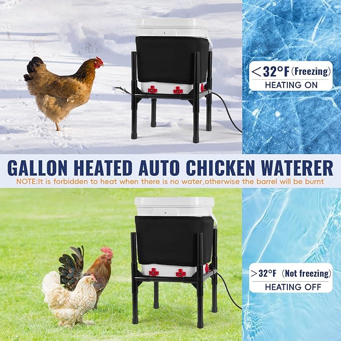 Heated Chicken Waterer 5 Gallon, Winter Chicken Waterer with Smart Thermostat, 8 Freeze-Proof Nipples, Chicken Water Heater for Winter, Easy Clean Anti-Tip Design