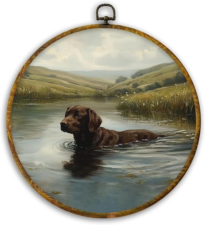 CUANFDDSF Rustic Country Chocolate Labrador Retriever Round Wall Art, Chocolate Lab Gifts Framed Hanging Wall Decor, Antique Farmhouse Dog Canvas Prints Decorations for Bedroom, 10x10 Inch