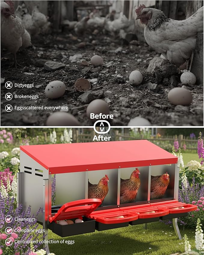 Chicken Nesting Box 4 Hole, Galvanized Steel Nest with Roll Away Egg Collection & Swing Perch, Easy-Clean Laying Box for Hens, Heavy Duty Design for Chicken Coop