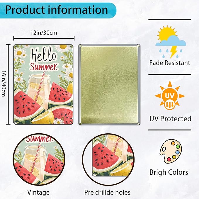 Hello Summer Vintage Tin Sign Watermelon Summer Decor Funny Wall Decor for Home Cafes Office Club 12x16 Inch