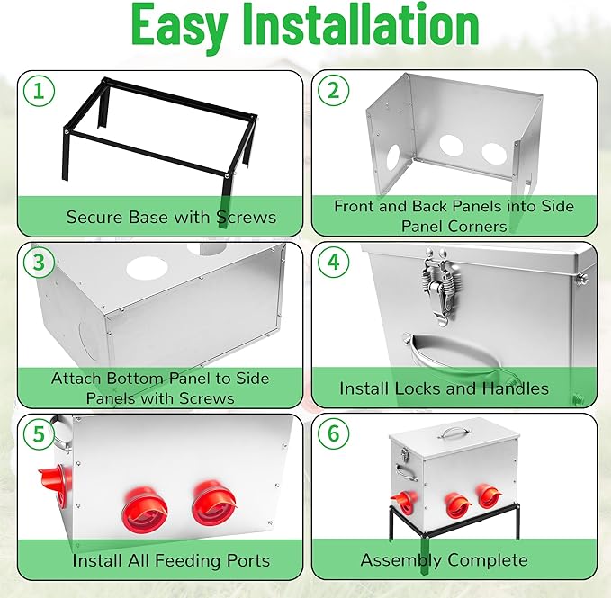 40lb Automatic Chicken Feeder, 6-Port Large Capacity Metal Poultry Feeder, Galvanized Steel Chicken Feeder for Hen Coop