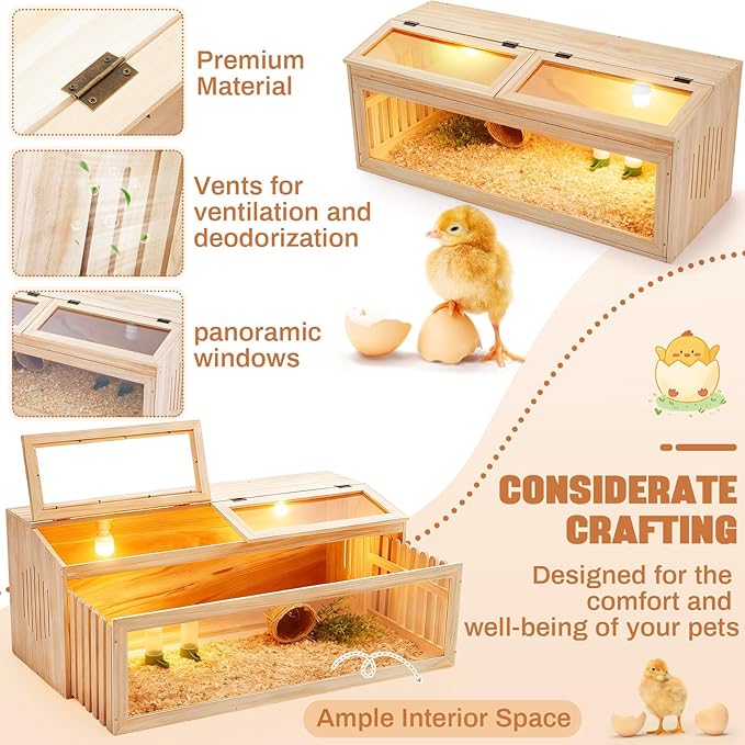 Large Brooder Box Kit for Chick 40 x 16 x 16 in Wooden Brooder with a Pull Out 15in Wide Extension Space, Heating Bulb, Feeder, Waterer, Holds up to 35 Chicks, for Poultry, Duck, Quail, and Small Pet