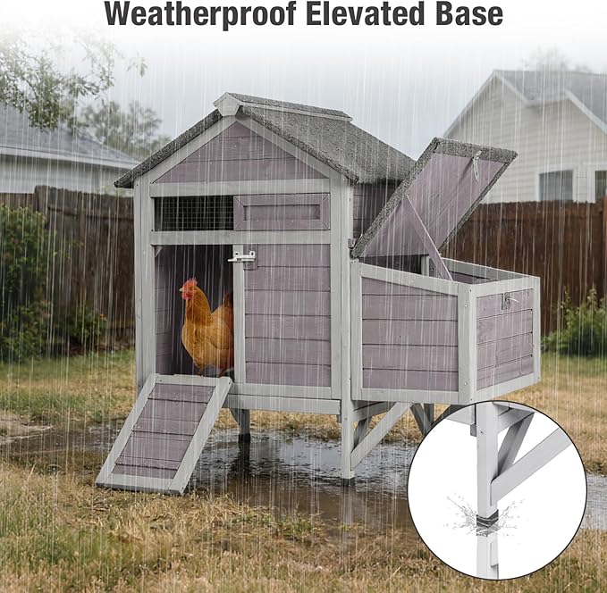 Small Chicken Coop with 2 Nesting Boxes, Wooden Hen House for 1-2 Chickens, Waterproof Asphalt Roof Poultry Hutch with Wildlife-Proof Latches, Roosting Bar and 4 Ground-Clearing Legs