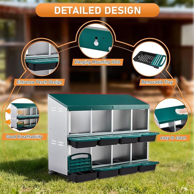 Outvita Chicken Nesting Boxes, 8 Compartments Metal Nesting Boxes for Chickens with Metal Legs, Wall Mount for Laying Eggs with Swing Perch and Roll Away Egg Collection for Chicken Coop, Green