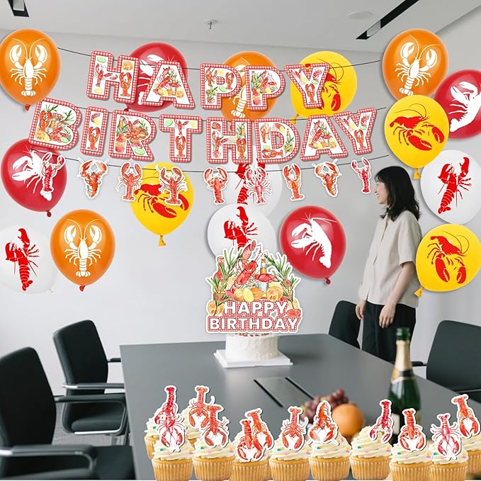 Crawfish Boil Party Supplies - Lobster Happy Birthday Banner Crawfish Balloons and Crayfish Cake Topper for Seafood Theme Birthday Party Decorations