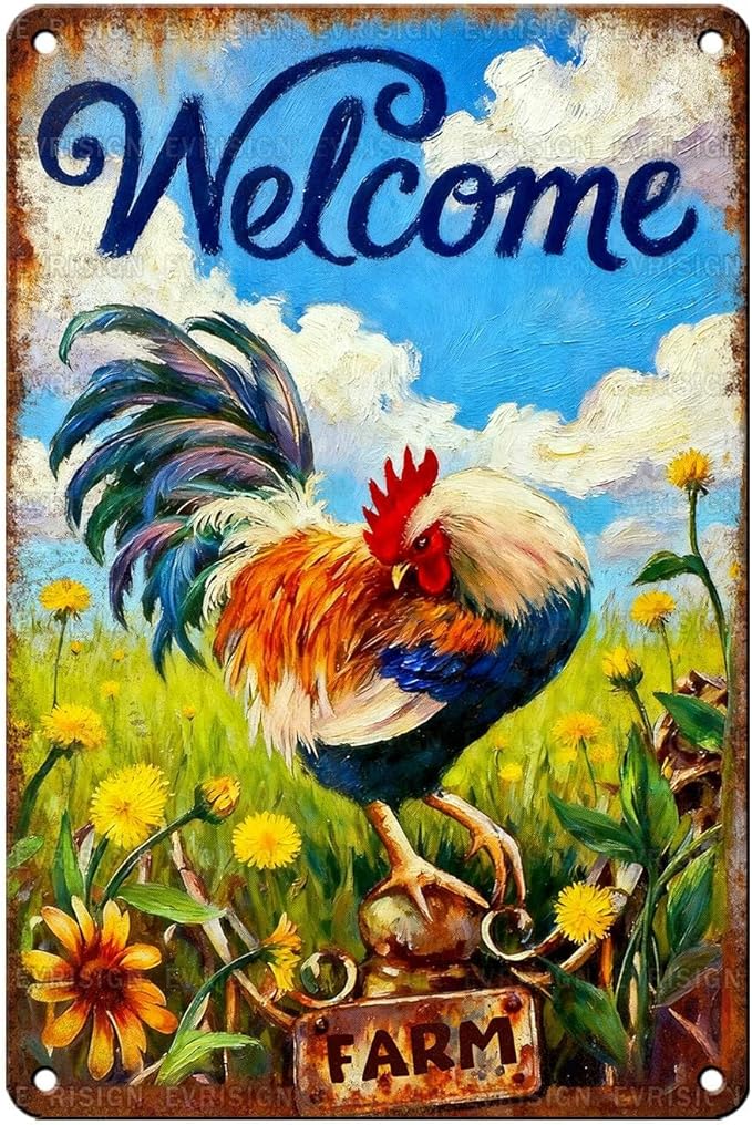Vintage Chicken Tin Sign Welcome Retro Coop Metal Sign Funny Chicken Lovers Nostalgic Rustic Wall Decor For Home Farmhouse Poultry House Farm Outdoor Yard Bedroom 12 * 8In