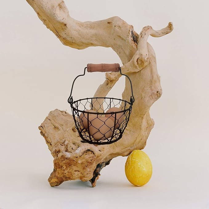 Small Wire Egg Collecting Basket with Handle, Mini Rustic Farmhouse Chicken Wire Egg Basket for Gathering Fresh Eggs from Coop, Vintage Countertop Holder for Easter Egg Hunt, 2 PCS